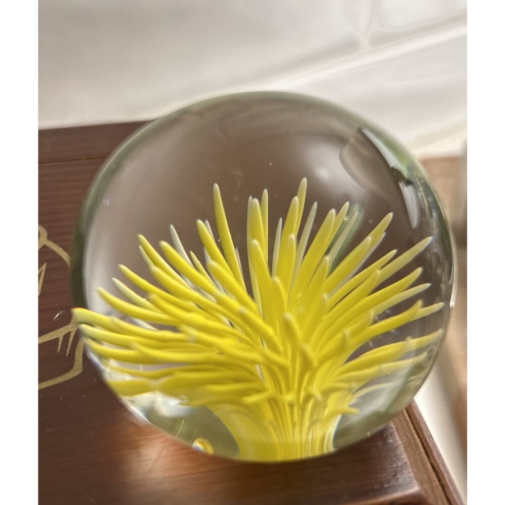Vtg St. Clair hand blown Yellow chrysanthemum floral design paperweight 2.5"x 2”